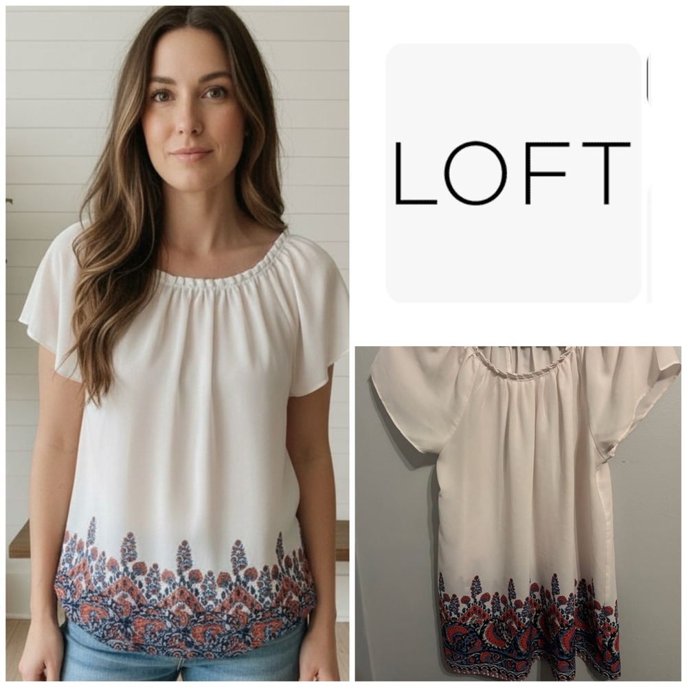 LOFT Women's Cream and Red Patterned Blouse